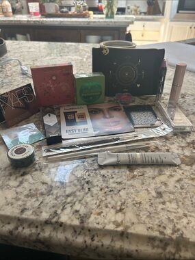 Makeup Sample & Accessory Lot with Black  Pouch some full size items